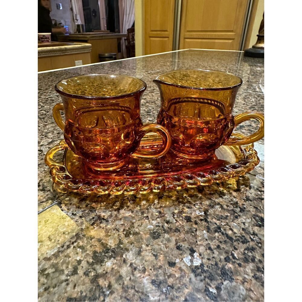 Vintage Indianna Glass Kings Crown sugar & creamer with tray